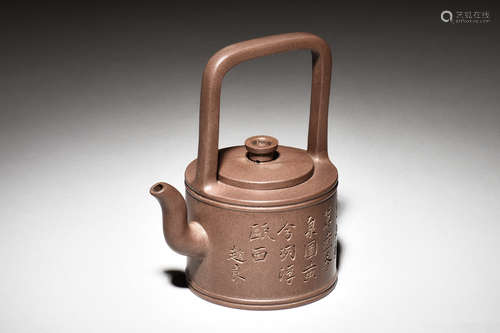 YIXING ZISHA 'POETRY CALLIGRAPHY' TEAPOT WITH LIFTING HANDLE