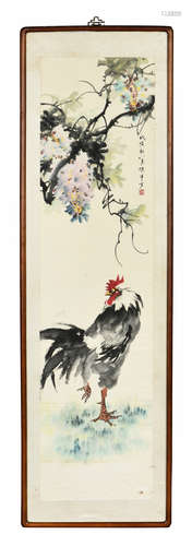 CHEN BANDING: FRAMED INK AND COLOR ON PAPER PAINTING 'ROOSTER AND FLOWERS'