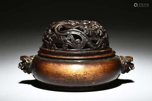 BRONZE CAST CENSER WITH LION MASK HANDLES AND LID