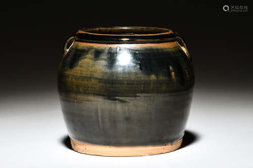 BLACK AND BROWN GLAZED JAR WITH TWO SMALL HANDLES