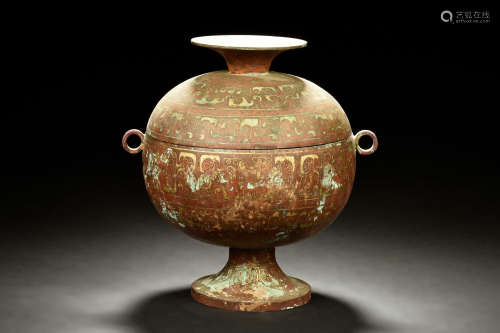 ARCHAIC BRONZE CAST AND GOLD FILIGREE JAR WITH COVER, DOU