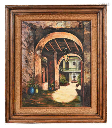 FRAN KING: FRAMED OIL ON CANVAS PAINTING 'BUILDINGS'