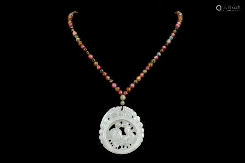 ICY JADEITE 'ROOSTER' PENDANT WITH TOURMALINE BEAD NECKLACE