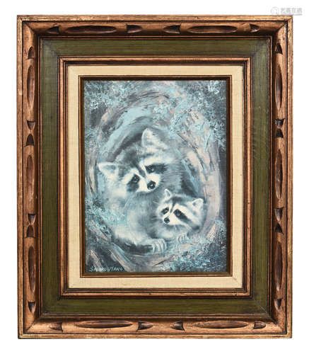 SADAKO MANO: FRAMED OIL ON CANVAS PAINTING 'RACOONS'