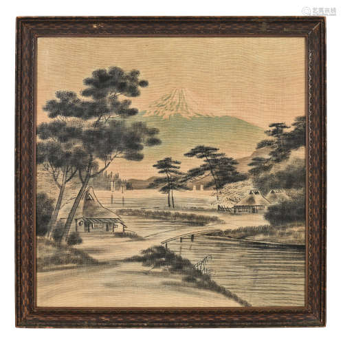 FRAMED INK AND COLOR ON CLOTH PAINTING 'LANDSCAPE SCENERY'