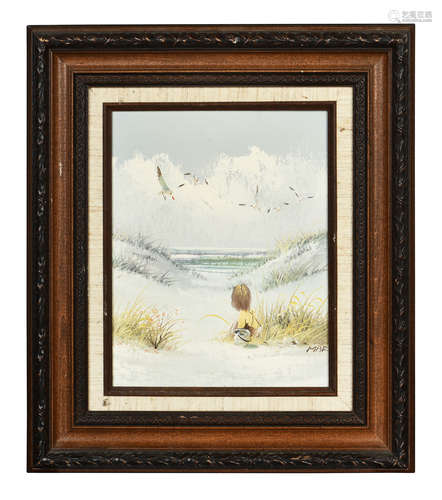 FRAMED OIL ON CANVAS PAINTING 'CHILD AND BIRDS'