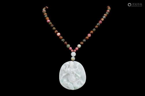 ICY JADEITE 'GUANYIN' PENDANT WITH TOURMALINE BEAD NECKLACE