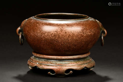 CHEN QIAOSHENG: GILT BRONZE CENSER WITH HANDLES AND STAND