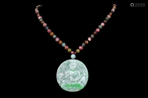 ICY JADEITE 'GUANYIN' PENDANT WITH TOURMALINE BEAD NECKLACE