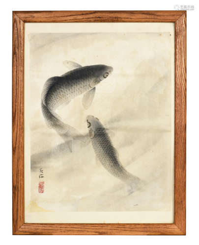 FRAMED INK ON PAPER PAINTING 'FISH'