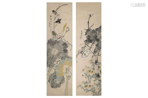 GAO LANG: SET OF FOUR INK AND COLOR ON PAPER PAINTINGS 'FLOWERS AND BIRDS'