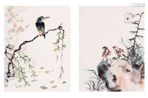LI RUIXIA: TWO INK AND COLOR ON PAPER PAINTINGS 'BIRDS'