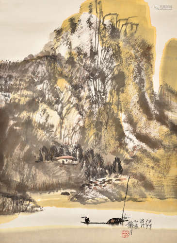 SHI JIANGCHENG: INK AND COLOR ON PAPER PAINTING 'LANDSCAPE SCENERY'
