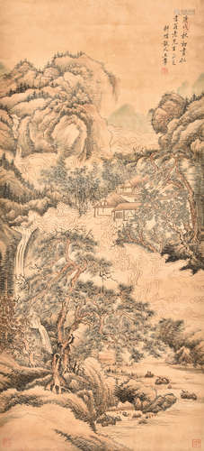 WANG HUI: INK AND COLOR ON PAPER PAINTING 'LANDSCAPE SCENERY'