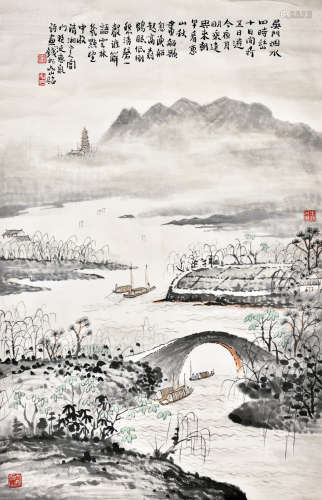 QIAN SONGLEI: INK AND COLOR ON PAPER PAINTING 'LANDSCAPE SCENERY'