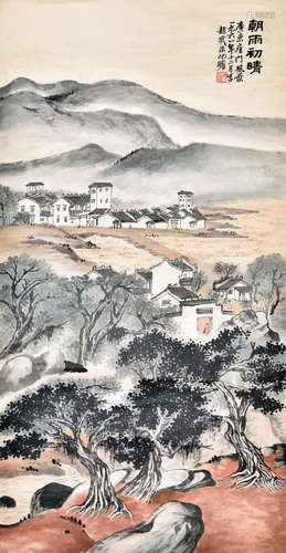 ZHU QIZHAN: INK AND COLOR ON PAPER PAINTING 'LANDSCAPE SCENERY'