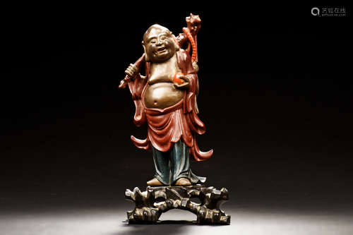 WOOD PAINTED AND CARVED MAITREYA BUDDHA FIGURE