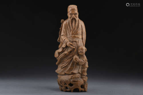 BAMBOO CARVED ‘ELDER AND BOY' FIGURAL GROUP