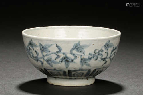 A RARE YUAN DYNASTY UNDERGLAZE BLUE DECORATED BOWL