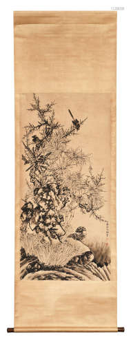 SHEN QUAN: INK ON PAPER PAINTING 'BIRD AND FLOWERS'