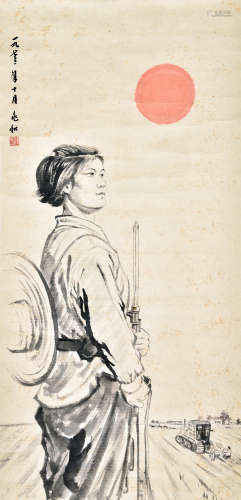 JIANG ZHAOHE: INK AND COLOR ON PAPER PAINTING 'FEMALE SOLDIER'