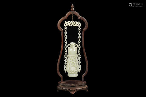 CARVED JADE HANGING VASE WITH STAND