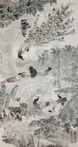 JIN ZHENGDONG: INK AND COLOR ON PAPER PAINTING 'PEACOCK'
