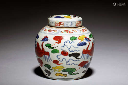 A VERY RARE AND BRIGHTLY COLORED WU CAI COVERED JAR