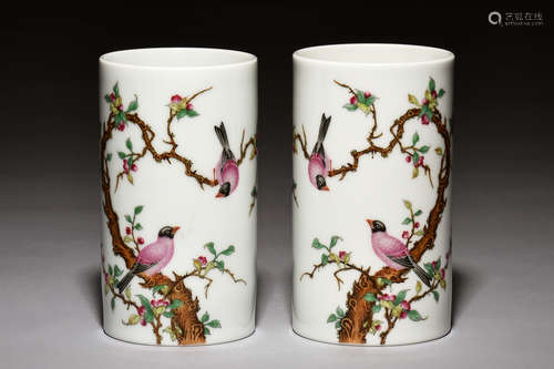 PAIR OF FAMILLE ROSE 'FLOWERS AND BIRDS' BRUSH POTS