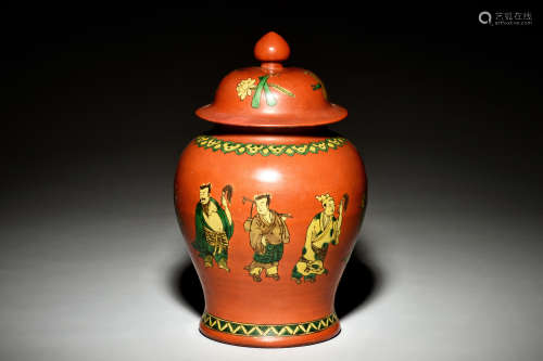 RED GROUND SANCAI 'EIGHT IMMORTALS' JAR WITH COVER