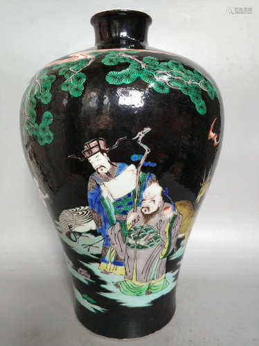 A BLACK THREE SUBJECTS MEI SHAPE VASE