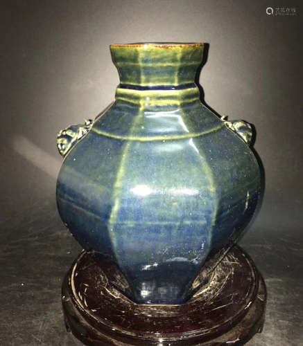 BLUE GLAZED MONSTER SHAPED HANDLE JAR