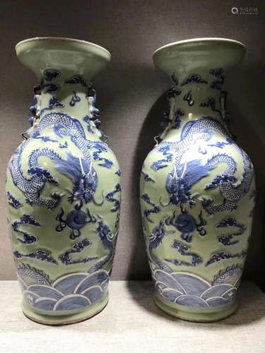 PAIR OF BLUE&WHITE DRAGON DRAGON VASES