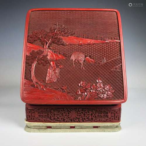 A Finely Carved Large Cinnabar Lacquer Square Box