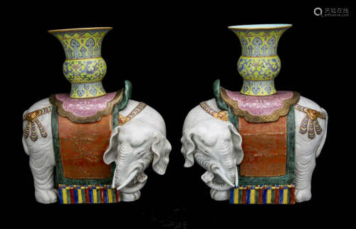 A Pair of Chinese Famille-Rose Porcelain Elephants with Vases