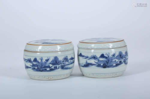 A Pair of Chinese Blue and White Porcelain Boxes with Covers