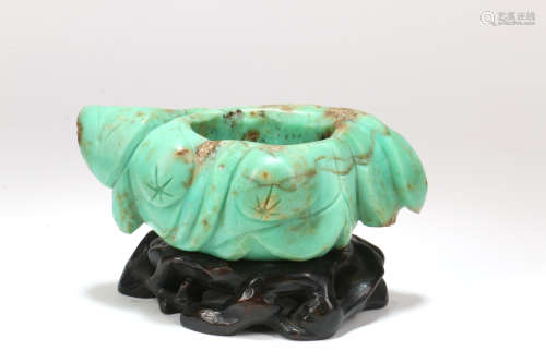 A Chinese Carved Turquoise Water Pot with Base