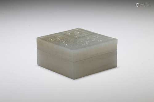 A Chinese Carved Jade Small Square Box with Cover