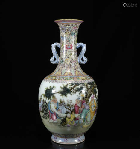 Chinese Famille Rose Ru Yi Double Ears Vase