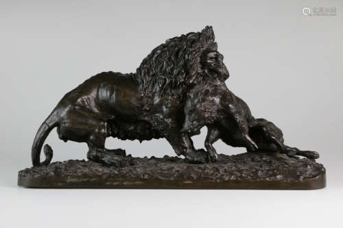 French bronze of lion hunting boar.
