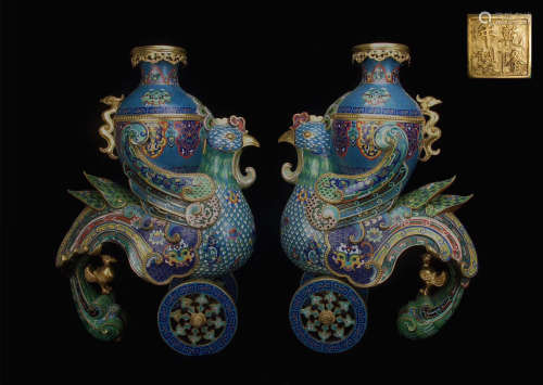 Pair Of Qianlong Bronze Enamel Squat Vase