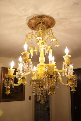 French 8 Light Oplin Overlay Yellow Chandelier