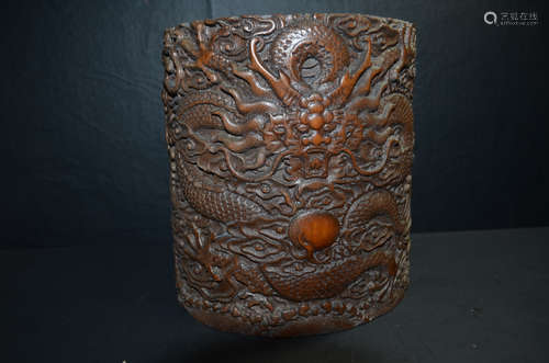 Bamboo Pen holder Hand Carved Dragon Brush Pot.