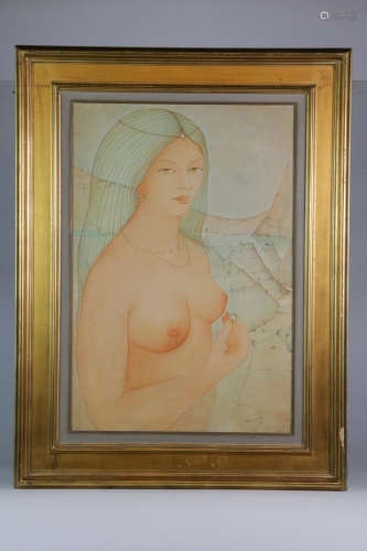 French oil on canvas of a nude lady