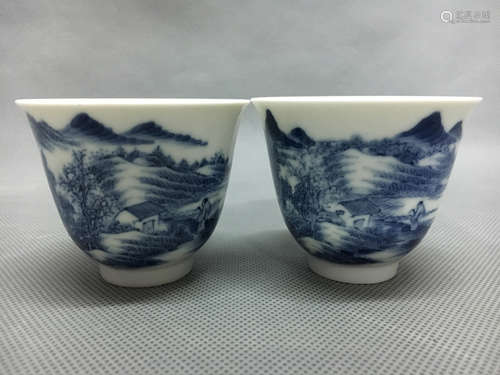 Pair Of Chinese Blue And White Porcelain Cup