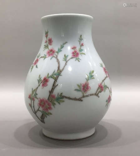 Chinese 19C. Famille Rose Flowers Squat Vase