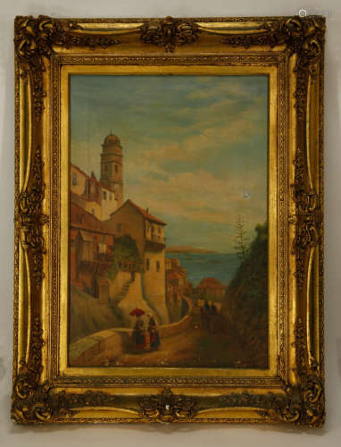 Italian Oil on Canvas Painting of Rome w/ Gilt