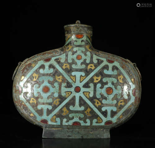 Archaic Bronze Mounted Turquoise&Agate Bottle