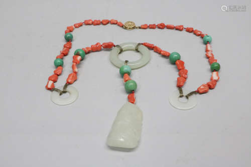 Chinese coral and jade necklace