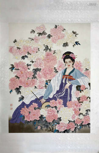 Chinese color drawing of lady and flower